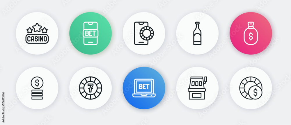 Set line Online sports betting, Money bag, Casino chip with dollar, Slot machine, Bottle of wine, chips and icon. Vector Set line Online sports betting, Money bag, Casino chip with dollar, Slot machine, Bottle of wine, chips and icon. Vector
