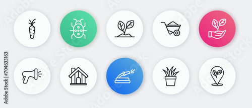 Set line Garden hose, Leaf in hand, Plant pot, Wheelbarrow, Sprout, Location with leaf and Farm house icon. Vector