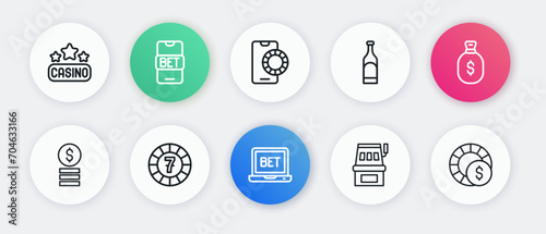 Set line Online sports betting, Money bag, Casino chip with dollar, Slot machine, Bottle of wine, chips and icon. Vector