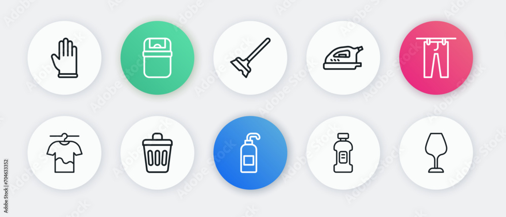 Set line Antibacterial soap, Drying clothes, Bottle for detergent, Electric iron, Mop, Wine glass and Trash can icon. Vector Set line Antibacterial soap, Drying clothes, Bottle for detergent, Electric iron, Mop, Wine glass and Trash can icon. Vector