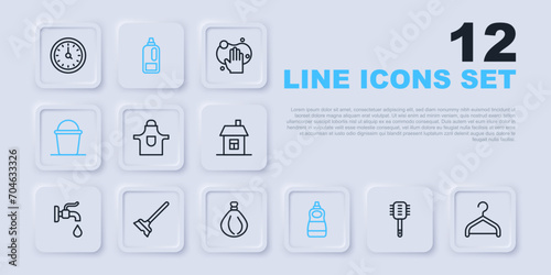 Set line Toilet brush, Hanger wardrobe, Kitchen apron, Dishwashing liquid bottle, Bucket, Mop, Bottle for detergent and Garbage bag icon. Vector