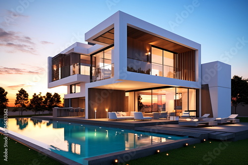 Modern luxury house with pool and sunset © duyina1990