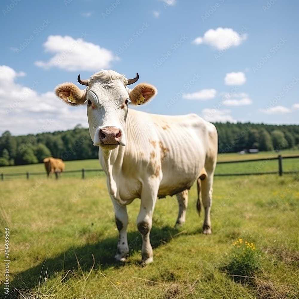 Holstein cow standing in a lush green pasture on a sunny day