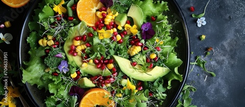 Mixed salad with kale and broccoli microgreens, lettuce, corn, avocado, orange, pomegranate, and edible flowers. photo