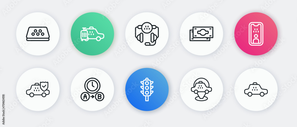 Set line Traffic light, Taxi driver license, car insurance, Location taxi, Stacks paper money cash, call telephone service, and waiting time icon. Vector Set line Traffic light, Taxi driver license, car insurance, Location taxi, Stacks paper money cash, call telephone service, and waiting time icon. Vector