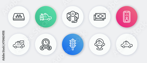 Set line Traffic light, Taxi driver license, car insurance, Location taxi, Stacks paper money cash, call telephone service, and waiting time icon. Vector