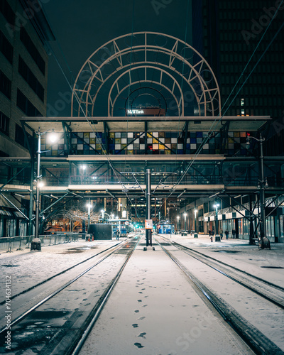 Snowy scene on Main Street at night, Buffalo, New York