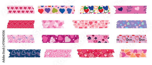 Collection of Washi tapes for Valentine's Day. Colorful scrapbook strips, sticky labels with hearts.