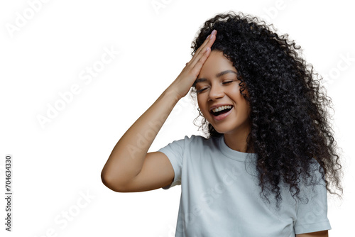 Laughing woman with hand on forehead, casual white tee, white transparent backdrop