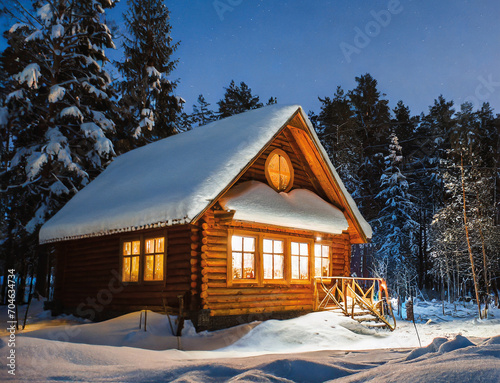 Krajobraz w zimowej, nocnej scenerii. Stary dom w zaśnieżonym lesie