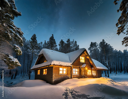 Krajobraz zimowy nocą. Stary dom w zaśnieżonym lesie. Pogodne niebo z gwiazdami photo