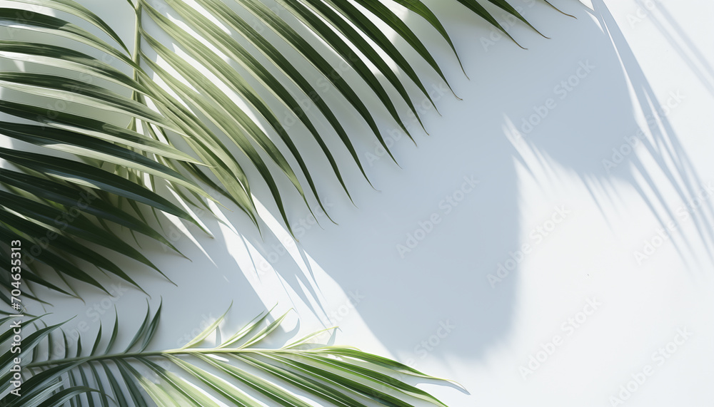 Shadow of tropical palm leaves on a white wall. mockup for product presentation, presentation design.