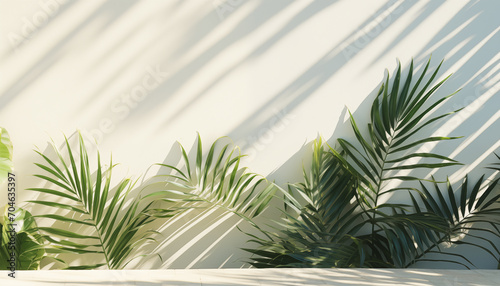 Shadow of tropical palm leaves on a white wall. mockup for product presentation, presentation design.