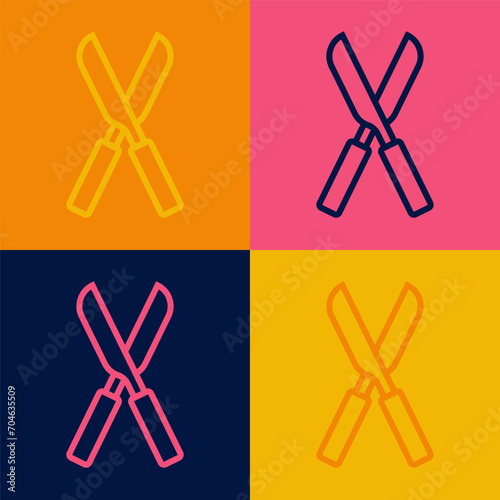 Pop art line Gardening handmade scissors for trimming icon isolated on color background. Pruning shears with wooden handles. Vector