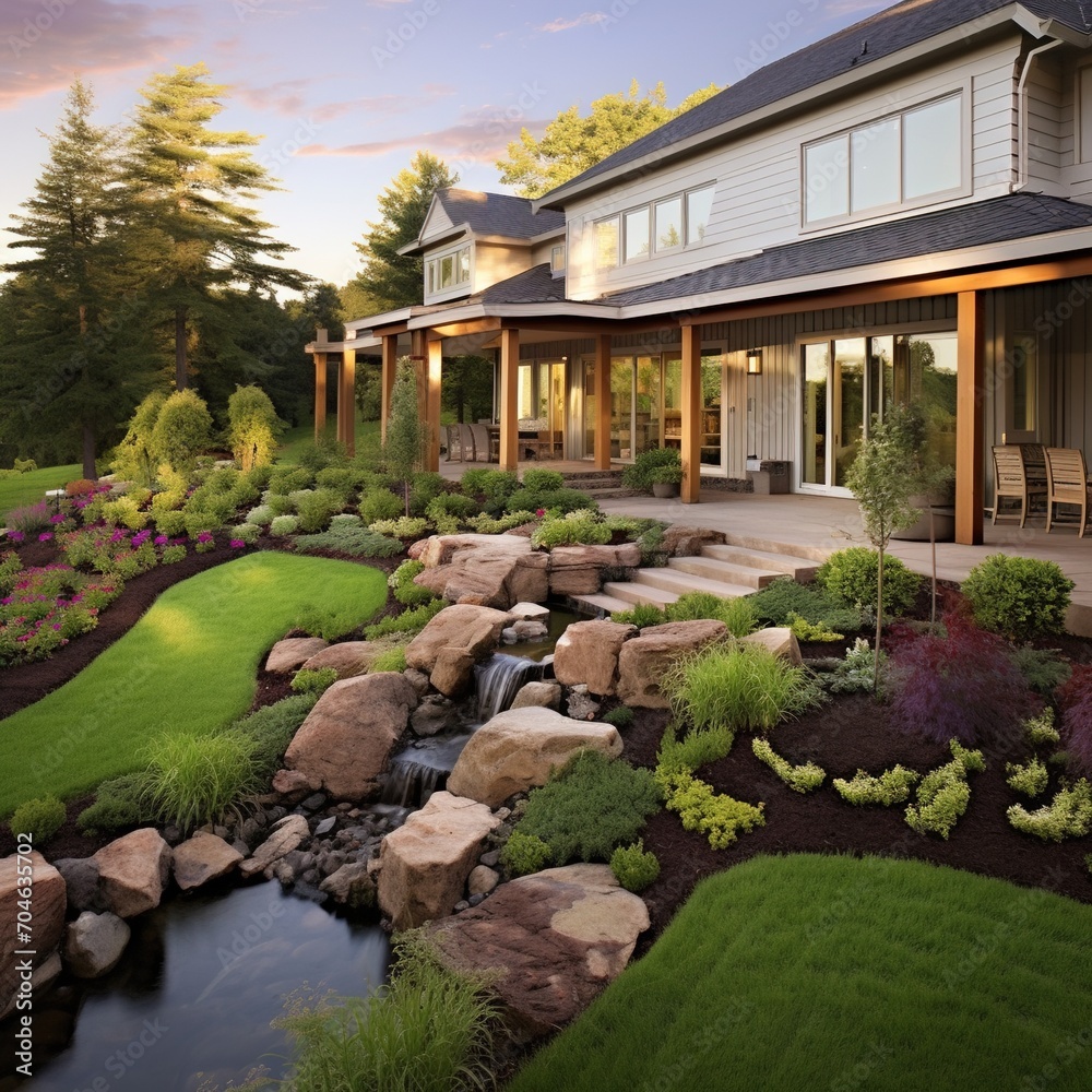 Modern house with beautiful backyard and landscaping