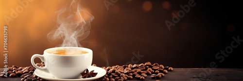 Cup of hot coffee with coffee beans on brown background.Long photo banner for website header design with copy space. Cafe menu concept idea background.