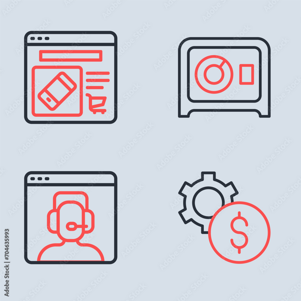 Set line Safe, Telephone 24 hours support, Gear with dollar symbol and Online shopping screen icon. Vector Set line Safe, Telephone 24 hours support, Gear with dollar symbol and Online shopping screen icon. Vector