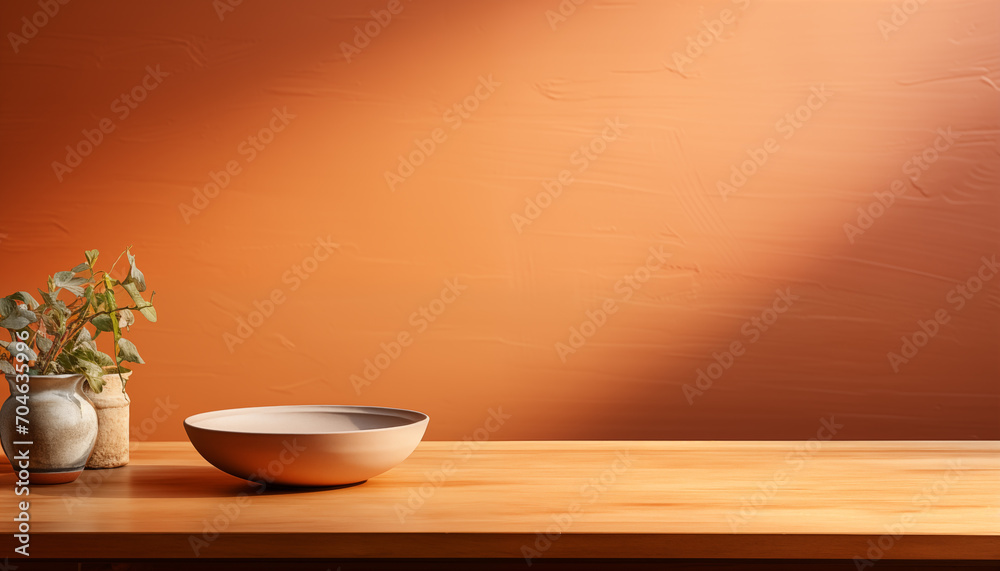 Empty table on a brown background with natural shadows on the wall. Mockup for product branding, presentation design and product demonstration. Empty table on a brown background with natural shadows on the wall. Mockup for product branding, presentation design and product demonstration.