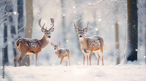 Noble deer family in winter snow forest. © Alizeh