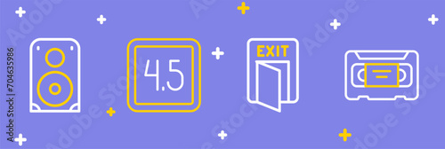 Set line VHS video cassette tape, Fire exit, Rating movie and Stereo speaker icon. Vector