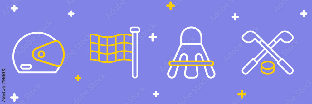 Fototapeta Set line Ice hockey sticks and puck, Badminton shuttlecock, Checkered flag and Racing helmet icon