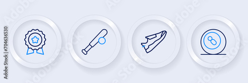 Set line Billiard pool snooker ball, Fitness sneakers shoes, Baseball bat with and Medal star icon. Vector