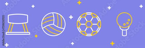 Set line Golf ball on tee, Soccer football, Volleyball and Pommel horse icon. Vector