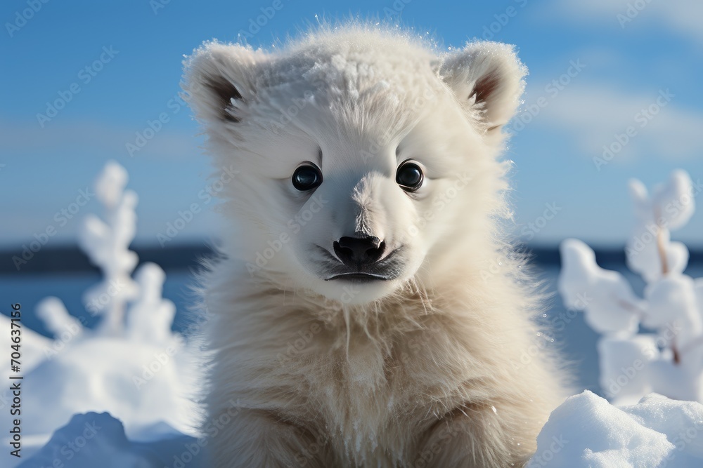 Obraz premium Little polar bear sits like a dog raising up his right paw