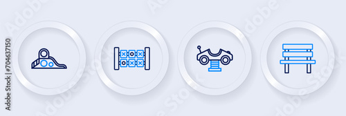 Set line Bench, Swing car, Education logic game and Slide playground icon. Vector