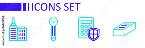 Set line Brick, Security keypad access panel, Wrench spanner and City landscape icon. Vector