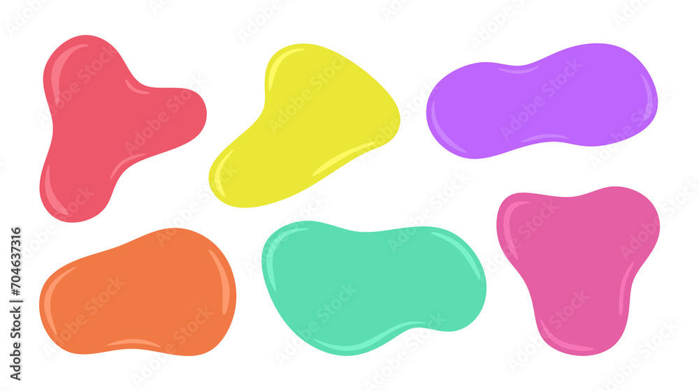 Set of colorful abstract shapes in various colors. Liquid forms and shapes isolated on white background. Hand drawn minimal curved fluid elements in cartoon style. Flat vector illustration