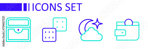 Set line Wallet, Moon and stars, Game dice and Antique treasure chest icon. Vector