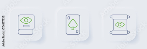 Set line Magic scroll, Playing cards and Ancient magic book icon. Vector © Iryna