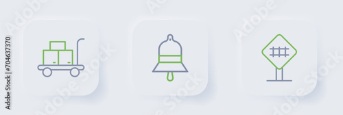 Set line Railroad crossing, Train station bell and Trolley suitcase icon. Vector