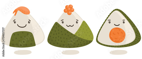 Cute onigiri set. Traditional Japanese dish of rice wrapped in nori with filling