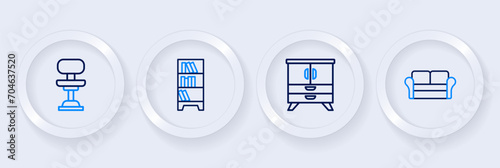 Set line Sofa, Chest drawers, Lamp hanging and Office chair icon. Vector © Iryna