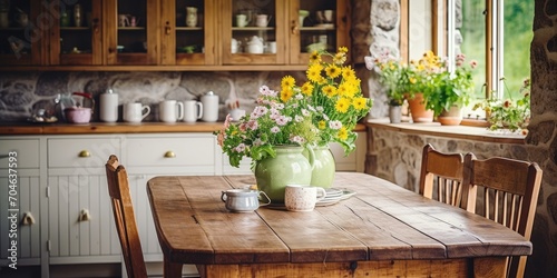 Rustic kitchen in country house with wooden table  wildflowers  vegetables  mug  and chairs.