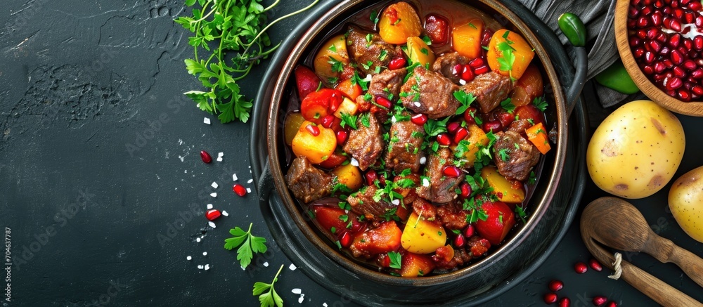 Stewed meat and vegetables with potatoes, tomatoes, onions, peppers, carrots, pomegranate seeds, and herbs in a can.
