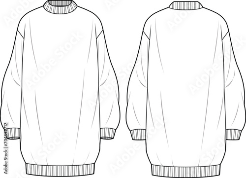 Women's Round Neck Knit Dress. Technical fashion illustration. Front and back, white color. Women's CAD mock-up.