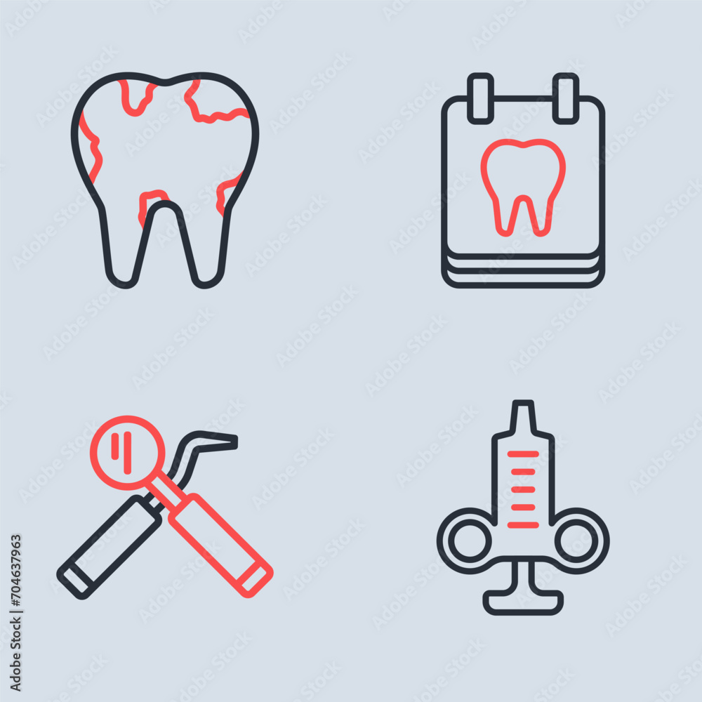Set line Calendar with tooth, Dental mirror and probe, Syringe and Broken icon. Vector Set line Calendar with tooth, Dental mirror and probe, Syringe and Broken icon. Vector