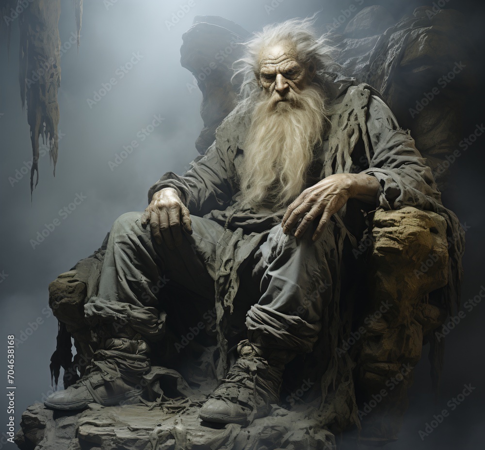 An old man with a long white beard is sitting on a stone throne in a cave