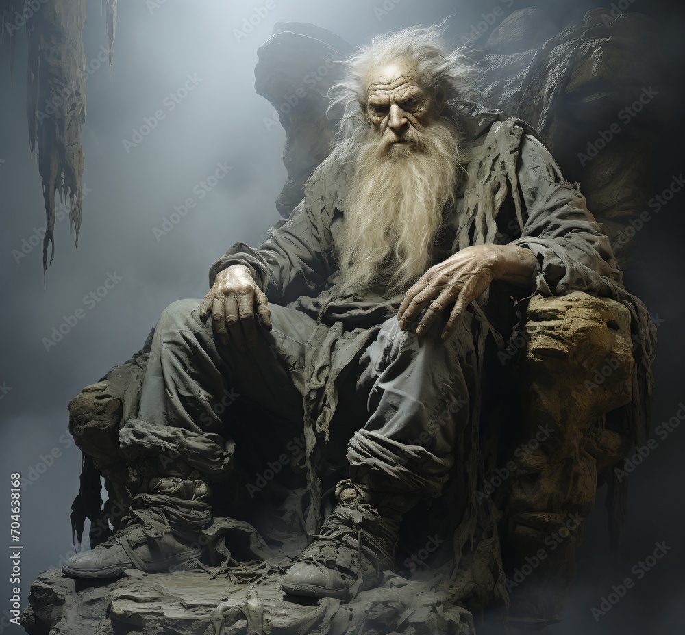 An old man with a long white beard is sitting on a stone throne in a cave An old man with a long white beard is sitting on a stone throne in a cave