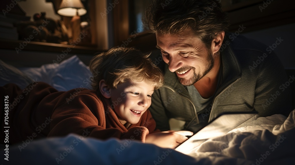 Father and son reading a book together in bed