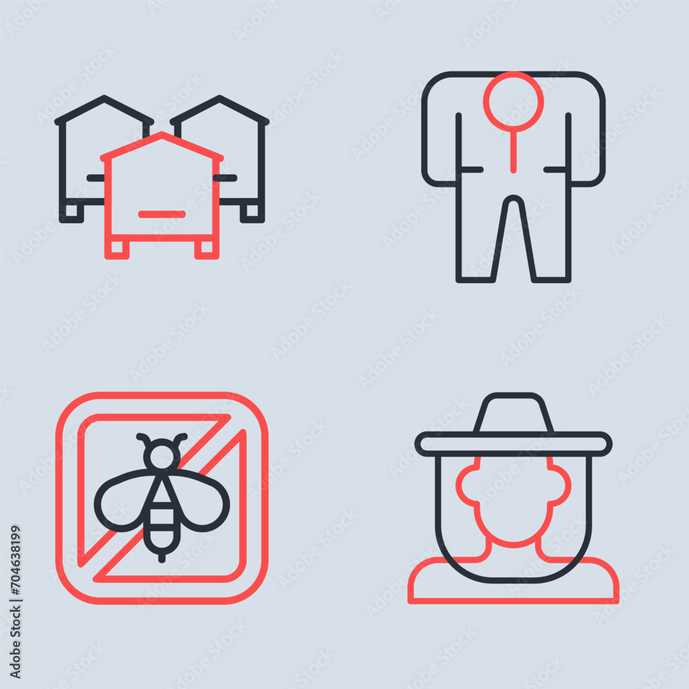 Set line Beekeeper costume, Stop bee, with protect hat and Hive for bees icon. Vector Set line Beekeeper costume, Stop bee, with protect hat and Hive for bees icon. Vector
