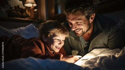 Father and son reading a book together in bed © duyina1990