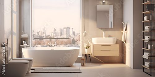 Stylish Bathroom Interior with Modern Tub  Wooden Ladder  Bath Accessories  Beautiful Decor  Round Sink  and Mirrors  Offering Smart Storage Solutions for a Polished Home Design generative AI