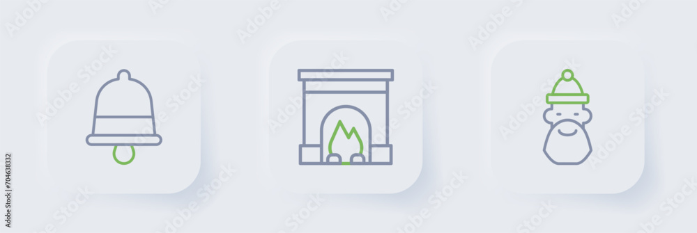 Set line Santa Claus hat and beard, Interior fireplace and Christmas ringing bell icon. Vector Set line Santa Claus hat and beard, Interior fireplace and Christmas ringing bell icon. Vector