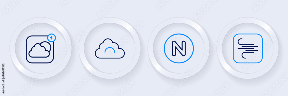 Set line Wind, Compass north, Cloud and Weather forecast app icon. Vector Set line Wind, Compass north, Cloud and Weather forecast app icon. Vector