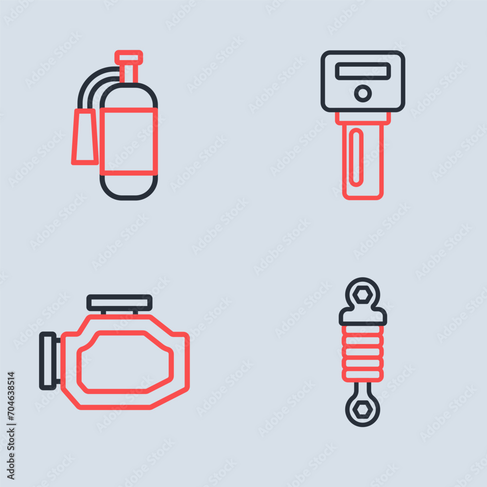 Fototapeta premium Set line Car key with remote, Check engine, Shock absorber and Fire extinguisher icon. Vector