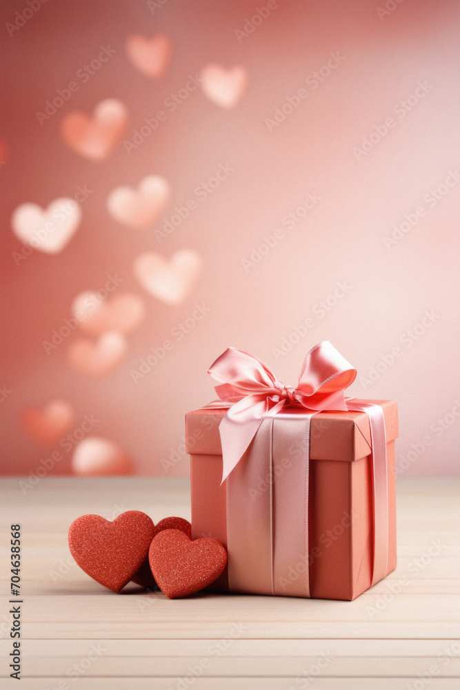 Valentines day background with gift box, red hearts and bokeh.